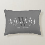 Mr Mrs Newlyweds Grey White Script Monogram Decorative Cushion<br><div class="desc">Surprise a couple with this Mr And Mrs Newlyweds Grey White Script Monogram Accent Pillow. It is modern designed on both sides with grey background. The centre has large dark grey monogram letter and the text is "mr and mrs" in white trendy hand lettered script. Established date is below the...</div>