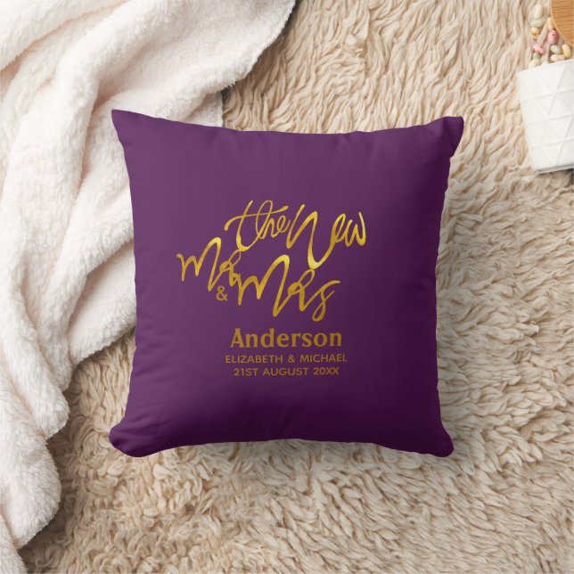 MR & MRS Newlyweds Just Married Magenta Gold GIFT Cushion (Blanket)