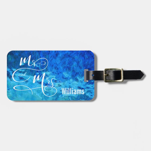 Mr. & Mrs. on blue glass Luggage Tag (Front Horizontal)