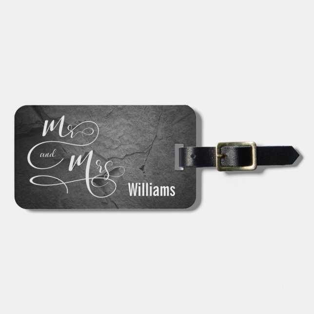 Mr. & Mrs. on dark grey stone Luggage Tag (Front Horizontal)