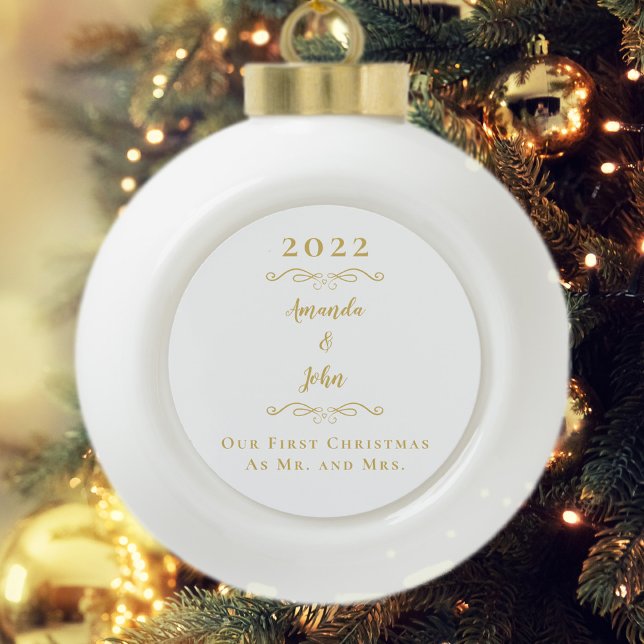 Mr & Mrs Our 1st Christmas Names Year Elegant Gold Ceramic Ball Christmas Ornament (Creator Uploaded)