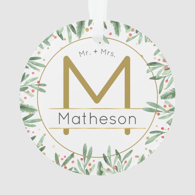 Mr. + Mrs. Our First Christmas Monogram Ornament (Back)