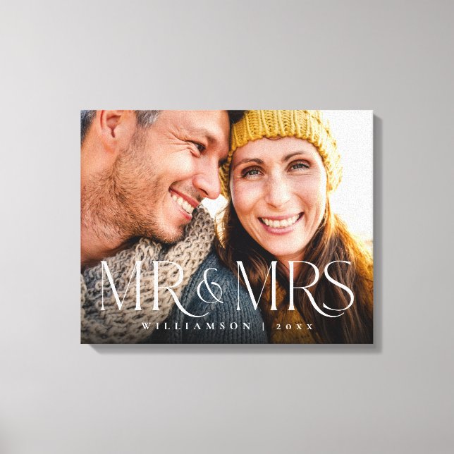 Mr & Mrs Overlay Modern Couple's Photo Keepsake Canvas Print (Front)