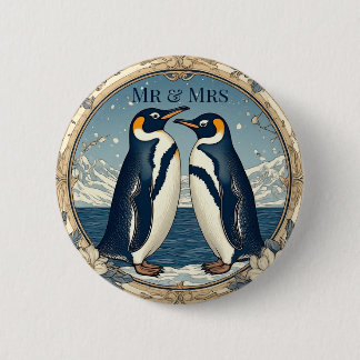 Mr & Mrs Penguin Couple Snow Winter Glacier Blue  6 Cm Round Badge