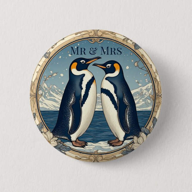 Mr & Mrs Penguin Couple Snow Winter Glacier Blue  6 Cm Round Badge (Front)