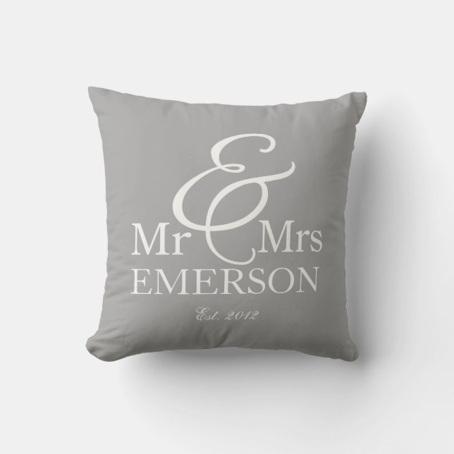 "Mr & Mrs" personalised grey & white Cushion (Front)