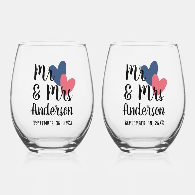 Mr & Mrs Personalised Stemless Wine Glass Set (Front)