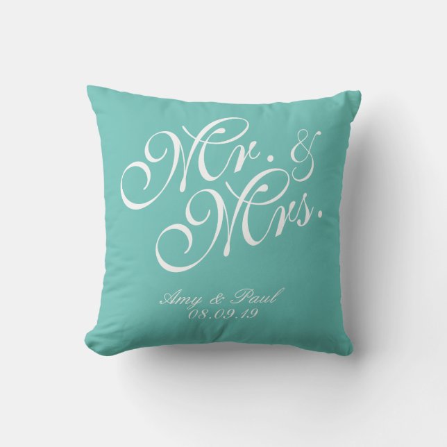 Mr.&Mrs.Personalised Teal Cushion (Front)