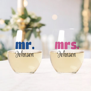 Mr. & Mrs. Personalised Wedding Chic Script Stemless Wine Glass