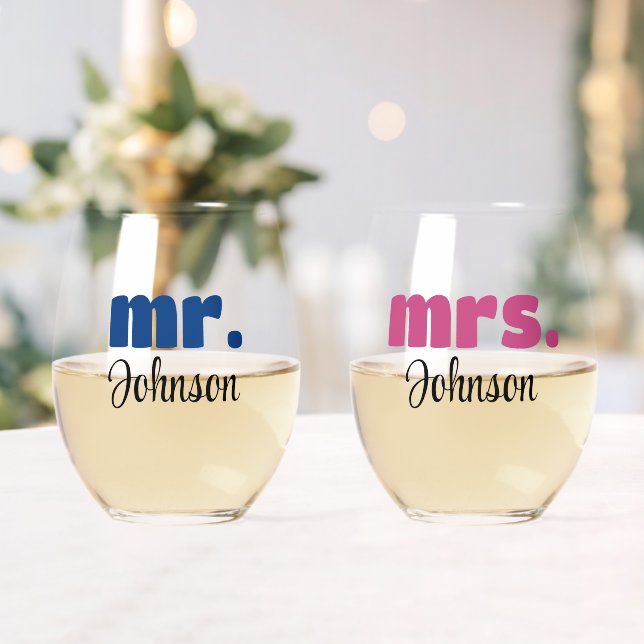 Mr. & Mrs. Personalised Wedding Chic Script Stemless Wine Glass (Insitu (Wedding))