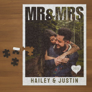 Mr & Mrs Photo Block Heart Anniversary Name Jigsaw Puzzle