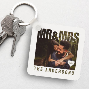 Mr & Mrs Photo Block Heart Anniversary Name Key Ring