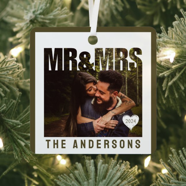 Mr & Mrs Photo Block Heart Anniversary Name Metal Tree Decoration (Insitu)