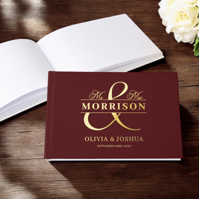 Mr Mrs Photo Burgundy Elegant Modern Wedding Gold Guest Book (Creator Uploaded)