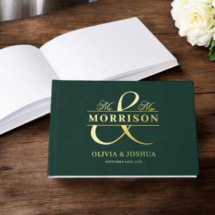Mr Mrs Photo Emerald Green Modern Wedding Gold Guest Book