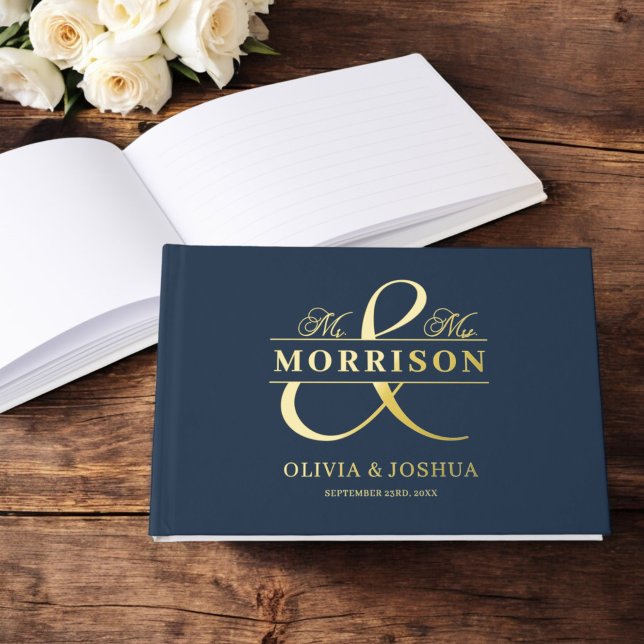 Mr Mrs Photo Navy Blue Elegant Wedding Gold Guest Book (Creator Uploaded)