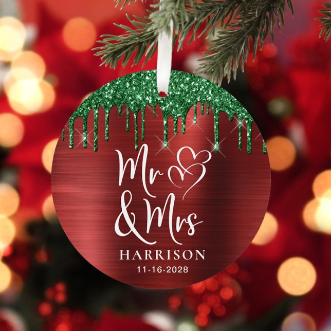 Mr Mrs Photo Red Green Glitter Newlywed Christmas Metal Tree Decoration (Creator Uploaded)