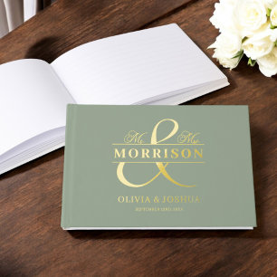 Mr Mrs Photo Sage Green Modern Wedding Gold Guest Book
