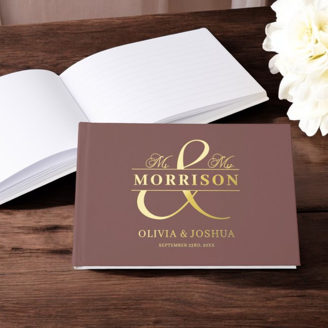 Mr Mrs Photo Terracotta Elegant Wedding Gold Guest Book (Creator Uploaded)
