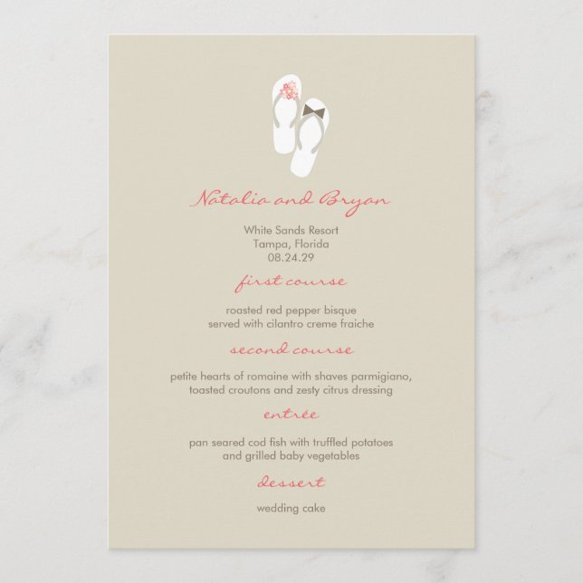Mr & Mrs Pink Flip Flops Beach Wedding Menu Card (Front)