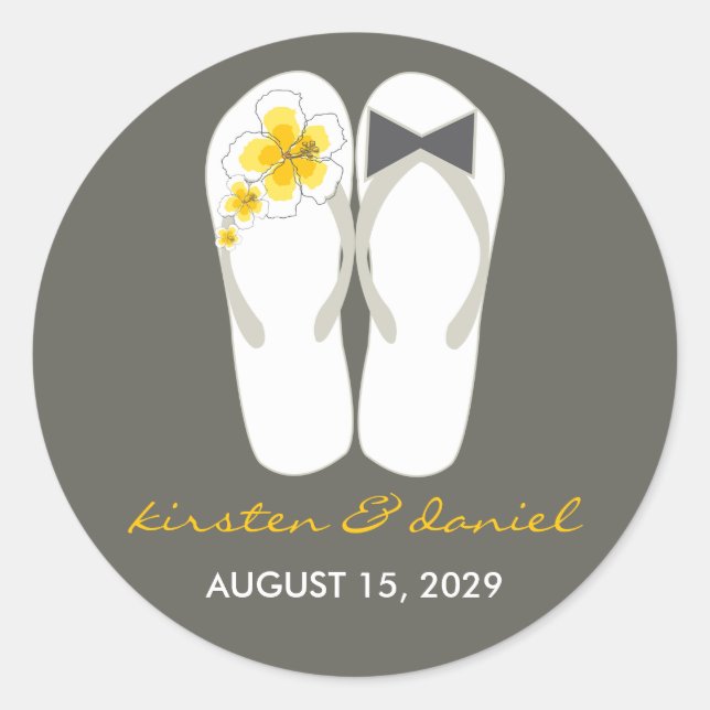 Mr & Mrs Pink Hibiscus Flip Flops Beach Wedding Classic Round Sticker (Front)