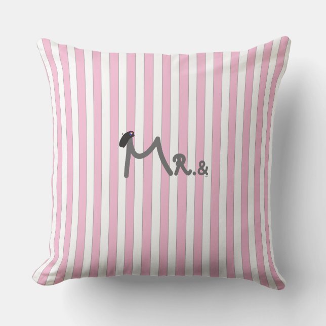 Mr. & Mrs - pink stripes Pillow with pink bow (Front)