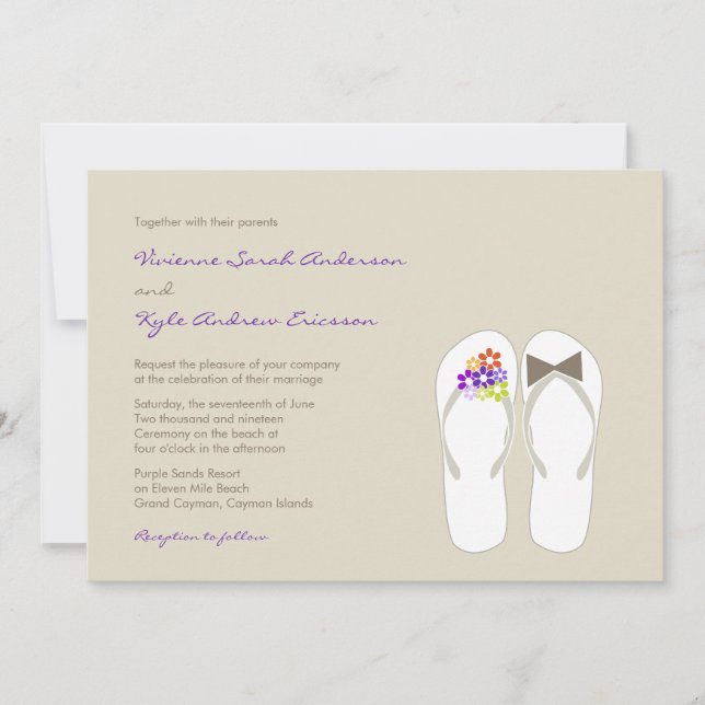 Mr & Mrs Purple Flip Flops Beach Wedding Invite (Front)