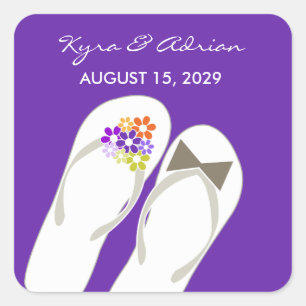 Mr & Mrs Purple Flowers Flip Flops Beach Wedding Square Sticker
