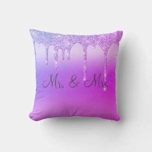 Mr. & Mrs Purple Pink Glitter Keepsake Elegant Cushion