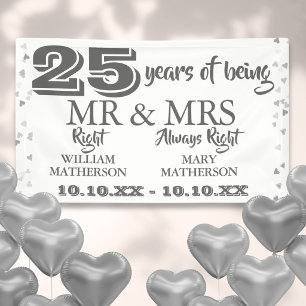 Mr Mrs Right Fun 25th Anniversary Silver Hearts Banner