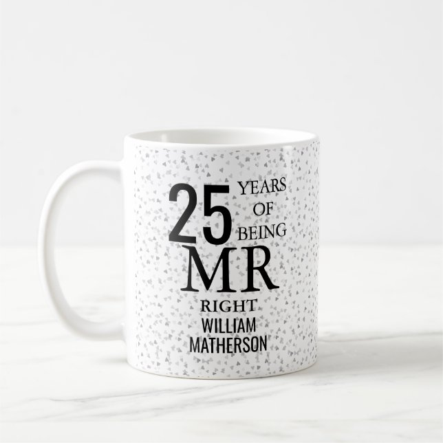 Mr Mrs Right Fun 25th Anniversary Silver Hearts Coffee Mug (Left)