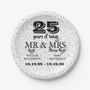 Mr Mrs Right Fun 25th Anniversary Silver Hearts Paper Plate