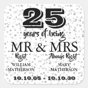 Mr Mrs Right Fun 25th Anniversary Silver Hearts Square Sticker