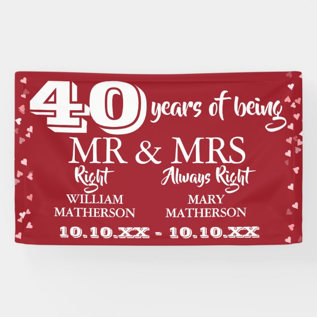 Mr Mrs Right Fun 40th Anniversary Ruby Hearts Banner (Horizontal)