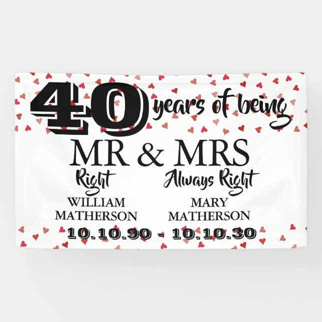 Mr Mrs Right Fun 40th Anniversary Ruby Hearts Banner (Horizontal)