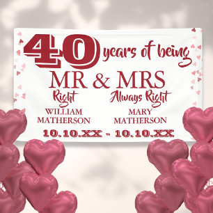 Mr Mrs Right Fun 40th Anniversary Ruby Hearts Banner