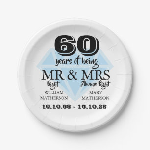 Mr Mrs Right Fun Diamond 60th Anniversary Paper Plate