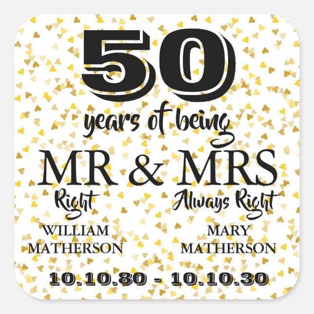 Mr Mrs Right Fun Golden 50th Anniversary Square Sticker (Front)
