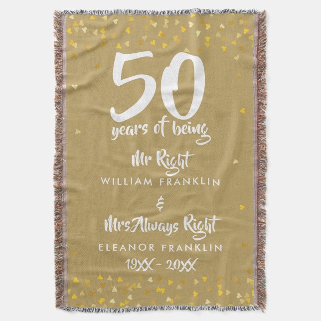 Mr Mrs Right Fun Golden 50th Anniversary Throw Blanket (Front Vertical)