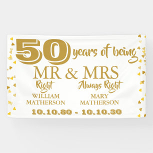 Mr Mrs Right Fun Golden 50th Wedding Anniversary Banner