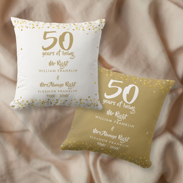 Mr Mrs Right Fun Golden 50th Wedding Anniversary Cushion (Mr Mrs Right Fun Golden 50th Wedding Anniversary Throw Pillow)