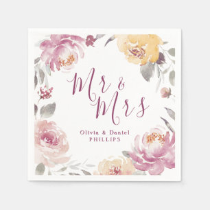 Mr & Mrs Romantic garden watercolor floral wedding Napkin