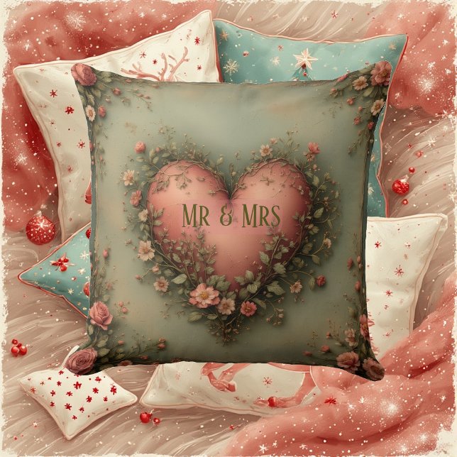 Mr & Mrs Romantic Heart Botanical Greenery Garden  Cushion (Mr & Mrs Romantic Heart Botanical Greenery Garden Throw Pillow)