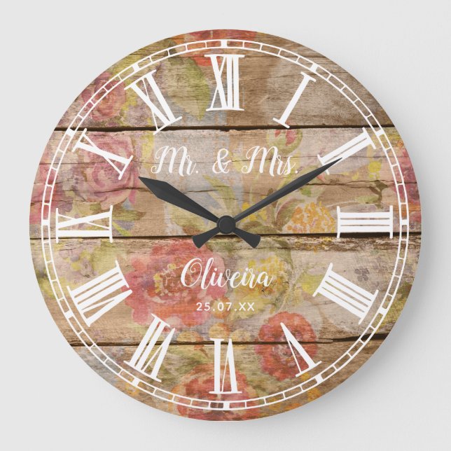 Mr Mrs Rustic Farmhouse Floral Wood Roman Numeral Large Clock (Front)