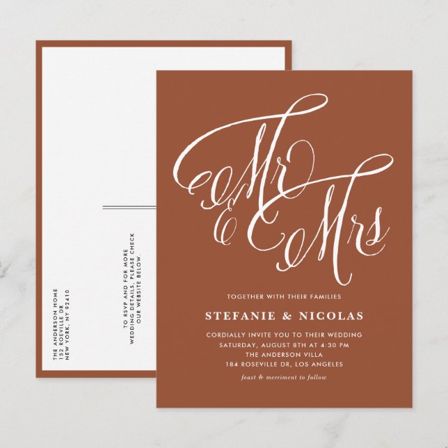 Mr & Mrs Rustic Script Terracotta QR Code Wedding Invitation Postcard (Front/Back)