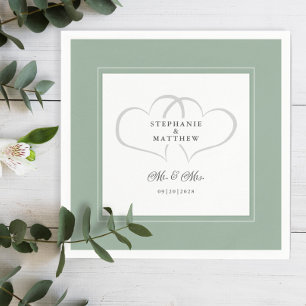 Mr & Mrs Sage Green Elegant Wedding Chic Hearts Napkin