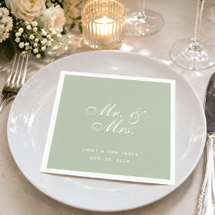 Mr. & Mrs. Sage Wedding White Elegant Script Green Napkin