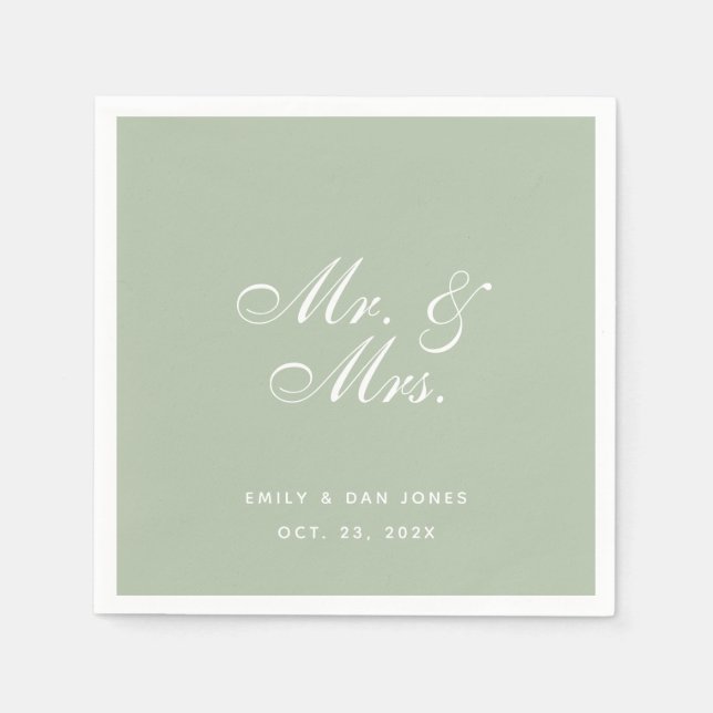 Mr. & Mrs. Sage Wedding White Elegant Script Green Napkin (Front)