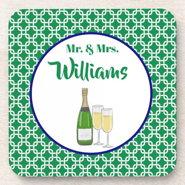 Mr. & Mrs. Script Bride & Groom Champagne Flutes Coaster (Front)