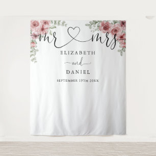 Mr Mrs Script Floral Wedding Photo Booth Backdrop Tapestry
